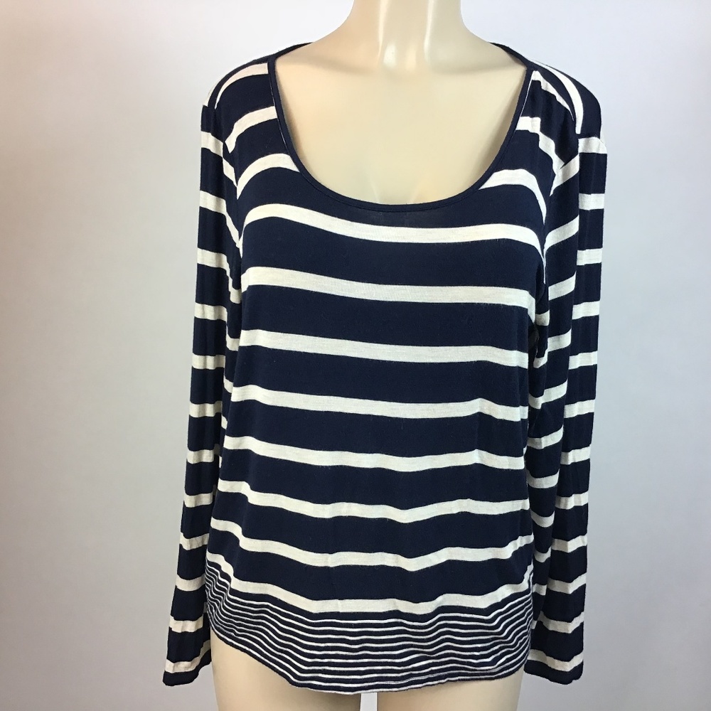 olive & oak Navy‎ Blue beige Stripe Blouse size Medium